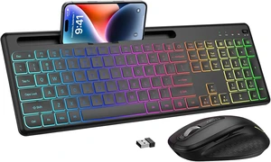Wireless Keyboard & Mouse Combo with 10-Color Backlit & Phone Holder Wireless Keyboard & Mouse Combo with 10-Color Backlit & Phone Holder