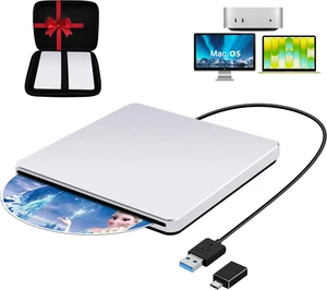 USB 3.0 External CD/DVD SuperDrive for Mac & MacBook Plug & Play Portable Burner for Laptop/PC/Windows, with USB-C Adapter & Carrying Case, Aluminum Silver USB 3.0 External CD/DVD SuperDrive for Mac & MacBook Plug & Play Portable Burner for Laptop/PC/Windows, with USB-C Adapter & Carrying Case, Aluminum Silver