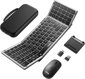 Portable Foldable Keyboard & Mouse Combo Bluetooth×2 + USB-A + USB-C (4-in-1), Full-Size Folding, Rechargeable Silent Design for Travel/Home/Office, Black Gray Portable Foldable Keyboard & Mouse Combo Bluetooth×2 + USB-A + USB-C (4-in-1), Full-Size Folding, Rechargeable Silent Design for Travel/Home/Office, Black Gray