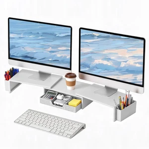 Dual Monitor Stand Riser with Drawer & 2 Pen Holders, White Dual Monitor Stand Riser with Drawer & 2 Pen Holders, White