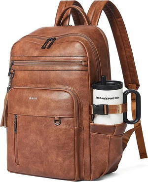 17-Inch Leather Laptop Backpack for Women with Giant Tumbler Holders 17-Inch Leather Laptop Backpack for Women with Giant Tumbler Holders