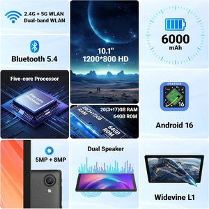 10.1" Android 16 Tablet 20GB RAM, 64GB ROM, 1TB Expand, 6000mAh Battery, Dual 5MP+8MP Cameras, 1280x800 IPS HD Touchscreen, Widevine L1, Wi-Fi 6 BT 5.4 GMS, Face Unlock 10.1" Android 16 Tablet 20GB RAM, 64GB ROM, 1TB Expand, 6000mAh Battery, Dual 5MP+8MP Cameras, 1280x800 IPS HD Touchscreen, Widevine L1, Wi-Fi 6 BT 5.4 GMS, Face Unlock