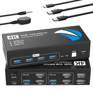 HDMI KVM Switch for 2 Computers 2 Monitors 4K@60Hz Dual Monitor with 4 USB 3.0 Ports Sharing Keyboard Mouse Printer, HDMI Switcher 2-in-2-Out HDMI KVM Switch for 2 Computers 2 Monitors 4K@60Hz Dual Monitor with 4 USB 3.0 Ports Sharing Keyboard Mouse Printer, HDMI Switcher 2-in-2-Out