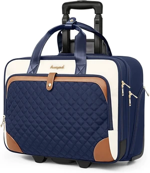 17" Rolling Laptop Bag for Women Waterproof Pocket, Underseat Carry-On Luggage with Wheels for Work Travel & Business (Lightweight Navy Blue Brown) 17" Rolling Laptop Bag for Women Waterproof Pocket, Underseat Carry-On Luggage with Wheels for Work Travel & Business (Lightweight Navy Blue Brown)