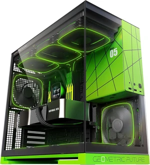 GEO-M5F-BNY M5 Tempered Glass Mid Tower Gaming Case E-ATX/ATX, 1.2mm Steel, Type-C, Toolless Panels, 420/360 Radiator Support, 5x ARGB PWM 140mm Fans Pre-Installed (Black/Green) GEO-M5F-BNY M5 Tempered Glass Mid Tower Gaming Case E-ATX/ATX, 1.2mm Steel, Type-C, Toolless Panels, 420/360 Radiator Support, 5x ARGB PWM 140mm Fans Pre-Installed (Black/Green)