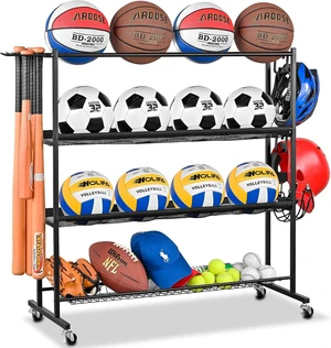 4-Tier Basketball Storage Rack with Wheels Garage Ball Organizer 4-Tier Basketball Storage Rack with Wheels Garage Ball Organizer