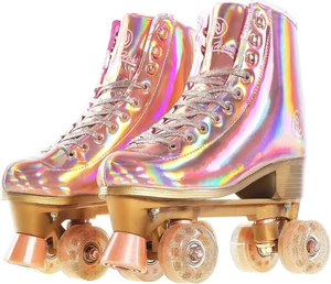Holographic High Top PU Leather Roller Skates for Women Shiny Double-Row Four Wheel Quad Skates for Girls & Ages 8-50, Indoor (Pink Rose Gold) Holographic High Top PU Leather Roller Skates for Women Shiny Double-Row Four Wheel Quad Skates for Girls & Ages 8-50, Indoor (Pink Rose Gold)