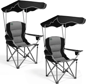 2 Pack Folding Camping Chairs with Canopy Shade, Cup Holders, Armrests & Carry Bag for Outdoors, Travel, Sports & Fishing, Black 2 Pack Folding Camping Chairs with Canopy Shade, Cup Holders, Armrests & Carry Bag for Outdoors, Travel, Sports & Fishing, Black