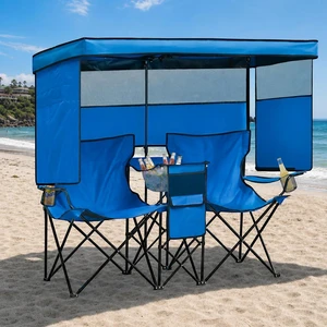 Oversized Double Beach Chair with Canopy Shade, Cooler Bag & Cup Holder Folding Camping Loveseat for Camp, Fishing & Beach Oversized Double Beach Chair with Canopy Shade, Cooler Bag & Cup Holder Folding Camping Loveseat for Camp, Fishing & Beach