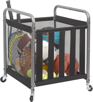 Rolling Metal Ball Storage Cart with Bin, Sports Rack & Basketball Cage for Garage or Gym, Indoor/Outdoor Equipment Organizer Rolling Metal Ball Storage Cart with Bin, Sports Rack & Basketball Cage for Garage or Gym, Indoor/Outdoor Equipment Organizer