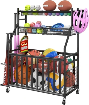 Rolling Garage Sports Equipment Organizer with Ball Basket, Mesh Pocket, Baseball Bat Rack & Hooks, Toy Storage Cart, Black Rolling Garage Sports Equipment Organizer with Ball Basket, Mesh Pocket, Baseball Bat Rack & Hooks, Toy Storage Cart, Black