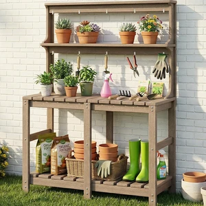 All-Weather 3-Tier Outdoor Potting Bench with Tool Hooks, HDPE Gardening Table for Backyard & Garden, Brown All-Weather 3-Tier Outdoor Potting Bench with Tool Hooks, HDPE Gardening Table for Backyard & Garden, Brown