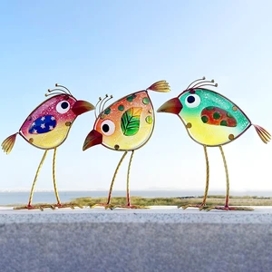 Set of 3 Colorful Metal & Glass Bird Garden Decor, Outdoor Patio Yard Art Set of 3 Colorful Metal & Glass Bird Garden Decor, Outdoor Patio Yard Art