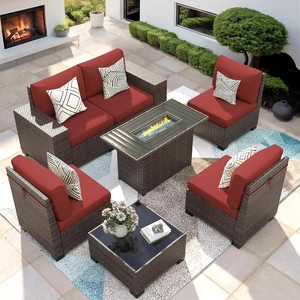 7-Piece Wicker Rattan Patio Furniture Set with Fire Pit Table & Coffee Table, Outdoor Sectional Sofa with 4'' Thickened Cushion for Patio, Garden & Backyard, Wine Red 7-Piece Wicker Rattan Patio Furniture Set with Fire Pit Table & Coffee Table, Outdoor Sectional Sofa with 4'' Thickened Cushion for Patio, Garden & Backyard, Wine Red