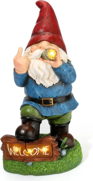 13.5" Tall Funny Solar Garden Gnome Statue with LED Lights, Outdoor Decor 13.5" Tall Funny Solar Garden Gnome Statue with LED Lights, Outdoor Decor