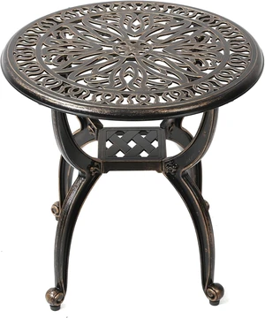 Cast Aluminum Outdoor Side Table, Decorative End Table with Ornate Floral Pattern (Round, Copper) Cast Aluminum Outdoor Side Table, Decorative End Table with Ornate Floral Pattern (Round, Copper)