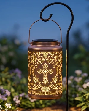 Solar Cross Lantern with Shepherd Hook Hanging Pole, Religious Decor Solar Cross Lantern with Shepherd Hook Hanging Pole, Religious Decor