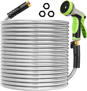 100 ft Heavy Duty Stainless Steel Metal Garden Hose with 10-Function Nozzle & 3/4'' Solid Brass Fitting, Flexible, Lightweight & No Kink for Outdoor Yard 100 ft Heavy Duty Stainless Steel Metal Garden Hose with 10-Function Nozzle & 3/4'' Solid Brass Fitting, Flexible, Lightweight & No Kink for Outdoor Yard