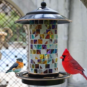 Mosaic Stained Glass Solar Bird Feeder, Outdoor Hanging, Sunset Mosaic Stained Glass Solar Bird Feeder, Outdoor Hanging, Sunset
