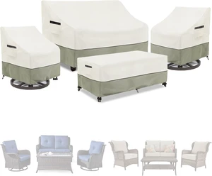 600D Heavy-Duty Waterproof Patio Furniture Covers, 4-Piece Set for Loveseat, Swivel Rocker Chair & Coffee Table, White&Grayish Green 600D Heavy-Duty Waterproof Patio Furniture Covers, 4-Piece Set for Loveseat, Swivel Rocker Chair & Coffee Table, White&Grayish Green