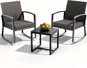 All-Weather 3-Piece Rattan Rocking Bistro Set Wicker Patio Conversation Furniture for Balcony, Porch, Garden & Poolside, Medium Gray All-Weather 3-Piece Rattan Rocking Bistro Set Wicker Patio Conversation Furniture for Balcony, Porch, Garden & Poolside, Medium Gray