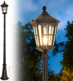 Dusk-to-Dawn Outdoor Post Light with Outlet, Waterproof Water-Ripple Glass Vintage Black Street Lamp for Garden, Pathway & Yard Dusk-to-Dawn Outdoor Post Light with Outlet, Waterproof Water-Ripple Glass Vintage Black Street Lamp for Garden, Pathway & Yard