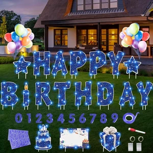 18Pcs Happy Birthday Yard Sign with Stakes & LED Light, 16" Lawn Decor 18Pcs Happy Birthday Yard Sign with Stakes & LED Light, 16" Lawn Decor