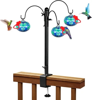 Hand Blown Glass Hummingbird Feeder with 15-Inch Adjustable Deck Railing Hook & Clamp-On Stand, Outdoor Gift for Women Hand Blown Glass Hummingbird Feeder with 15-Inch Adjustable Deck Railing Hook & Clamp-On Stand, Outdoor Gift for Women