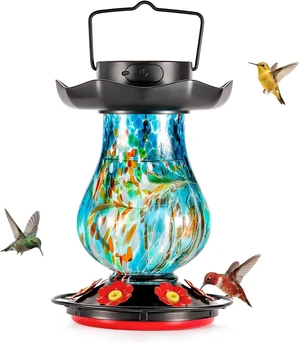 25 fl.oz Hand Blown Glass Solar Hummingbird Feeder with Moat, 6 Color-Changing Light Hanging Décor for Garden (Blue) 25 fl.oz Hand Blown Glass Solar Hummingbird Feeder with Moat, 6 Color-Changing Light Hanging Décor for Garden (Blue)