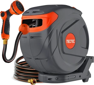 Retractable Wall-Mounted Garden Hose Reel, 82ft 1/2 in, Automatic Rewind, Any-Length Lock & Spray Nozzle Retractable Wall-Mounted Garden Hose Reel, 82ft 1/2 in, Automatic Rewind, Any-Length Lock & Spray Nozzle