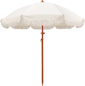 7ft Cream/White Boho Fringe Beach Umbrella with 8mm Ribs & Sand Anchor 7ft Cream/White Boho Fringe Beach Umbrella with 8mm Ribs & Sand Anchor