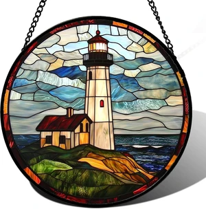 Ocean Lighthouse Stained Glass Window Hanging Suncatcher, 15" Gift Décor Ocean Lighthouse Stained Glass Window Hanging Suncatcher, 15" Gift Décor