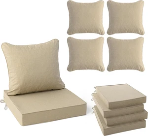 Faux Linen Water-Resistant Outdoor Chair Cushions, 24 x 24 Inch Backrest & Deep Seat Set with Ties & Non-Slip Bottom, Set of 4, Nature Faux Linen Water-Resistant Outdoor Chair Cushions, 24 x 24 Inch Backrest & Deep Seat Set with Ties & Non-Slip Bottom, Set of 4, Nature
