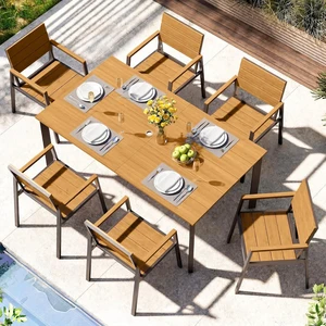 7-Piece Aluminum Outdoor Dining Set with Umbrella Hole, All-Weather HDPS Patio Table & Chairs, Gray & Teak 7-Piece Aluminum Outdoor Dining Set with Umbrella Hole, All-Weather HDPS Patio Table & Chairs, Gray & Teak