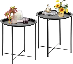 Black Folding Round Metal Side/End Table, Anti-Rust Waterproof Tray for Living Room, Balcony & Office, 2 PCS Black Folding Round Metal Side/End Table, Anti-Rust Waterproof Tray for Living Room, Balcony & Office, 2 PCS