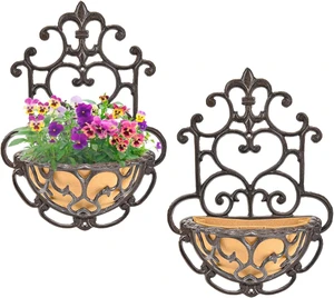 Half-Round Cast Iron Wall Hanging Planter with Fabric Liner, 2 Pack Half-Round Cast Iron Wall Hanging Planter with Fabric Liner, 2 Pack