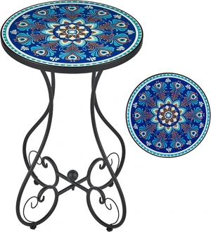 21" Round Mosaic Outdoor Side Table with 14" Ceramic Tile Top, Indoor/Outdoor Accent Plant Stand for Patio & Garden, Peacock 21" Round Mosaic Outdoor Side Table with 14" Ceramic Tile Top, Indoor/Outdoor Accent Plant Stand for Patio & Garden, Peacock