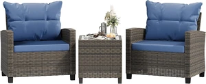 3-Piece PE Rattan Wicker Patio Set with Chairs & Table, Outdoor Furniture for Backyard, Garden & Poolside, Blue Cushion 3-Piece PE Rattan Wicker Patio Set with Chairs & Table, Outdoor Furniture for Backyard, Garden & Poolside, Blue Cushion
