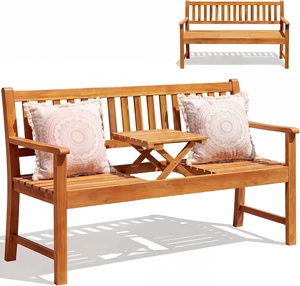 Acacia Wood 2-Person Garden Bench with Pull-Out Table Acacia Wood 2-Person Garden Bench with Pull-Out Table