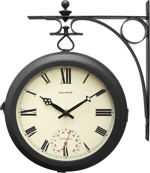 9-Inch Indoor/Outdoor Double-Sided Hanging Clock with 360° Spin, Iron Frame, Glass Lens & Quartz Movement, Weatherproof Thermometer (75140M), Black 9-Inch Indoor/Outdoor Double-Sided Hanging Clock with 360° Spin, Iron Frame, Glass Lens & Quartz Movement, Weatherproof Thermometer (75140M), Black