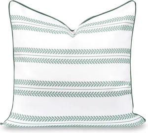 Coastal Grandmillennial 22"x22" Water Repellent Throw Pillow Cover Indoor Outdoor Patio Cushion for Backyard, Couch, Poolside, Celadon Green Leaf Striped Print Coastal Grandmillennial 22"x22" Water Repellent Throw Pillow Cover Indoor Outdoor Patio Cushion for Backyard, Couch, Poolside, Celadon Green Leaf Striped Print