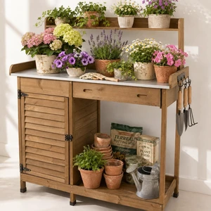 Outdoor Wooden Potting Bench Work Station with Storage Cabinet, Metal Tabletop, Drawer, Hooks & Open Shelf (41" L X 12.5" W X 49.2" H) Outdoor Wooden Potting Bench Work Station with Storage Cabinet, Metal Tabletop, Drawer, Hooks & Open Shelf (41" L X 12.5" W X 49.2" H)