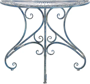 Annalise Half-Moon Outdoor Accent Table Mossy Blue Iron Metal with Vintage Baroque Scrollwork, 35.5" W x 18.5" D x 29" H (PAT5008C) Annalise Half-Moon Outdoor Accent Table Mossy Blue Iron Metal with Vintage Baroque Scrollwork, 35.5" W x 18.5" D x 29" H (PAT5008C)