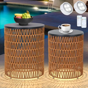 2-Pack Outdoor Side End Table with Dimmable Remote Light & Timing Small Round Plastic Rattan Accent Bistro Desk for Poolside, Backyard, Balcony, Gazebo, Indoor 2-Pack Outdoor Side End Table with Dimmable Remote Light & Timing Small Round Plastic Rattan Accent Bistro Desk for Poolside, Backyard, Balcony, Gazebo, Indoor