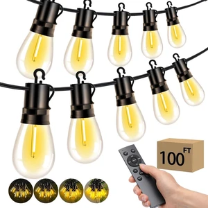 100FT Outdoor Patio String Lights S14 Shatterproof Bulbs, Waterproof Dimmable Remote, Connectable Hanging Lighting for Garden, Backyard, Gazebo, Porch Party 100FT Outdoor Patio String Lights S14 Shatterproof Bulbs, Waterproof Dimmable Remote, Connectable Hanging Lighting for Garden, Backyard, Gazebo, Porch Party