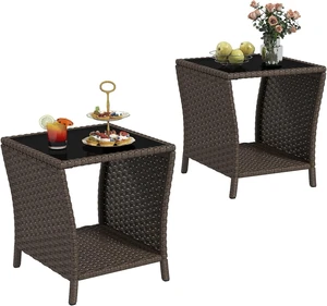 Set of 2 Brown Outdoor Wicker Side Tables with Glass Top & Storage Shelf Set of 2 Brown Outdoor Wicker Side Tables with Glass Top & Storage Shelf