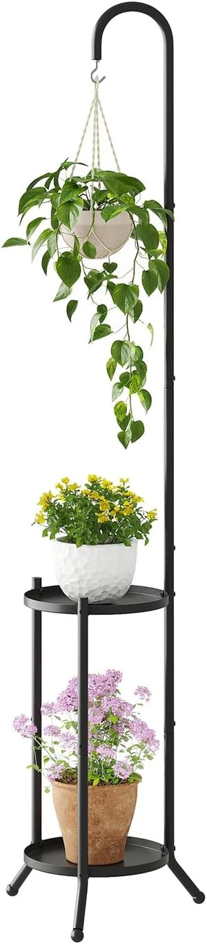 2-Tier Metal Plant Stand with Hanging Hook Heavy Duty Rustproof Indoor Outdoor Shelf for Multiple Planters, Corner Garden Balcony Patio (Black) 2-Tier Metal Plant Stand with Hanging Hook Heavy Duty Rustproof Indoor Outdoor Shelf for Multiple Planters, Corner Garden Balcony Patio (Black)