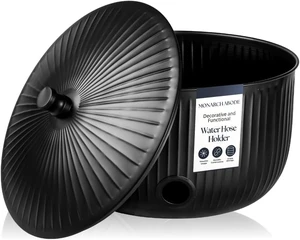 Garden Hose Holder with Lid 100ft Ridge Embossed Metal Matte Black Pot with Drainage, Decorative Outdoor Storage Caddy Garden Hose Holder with Lid 100ft Ridge Embossed Metal Matte Black Pot with Drainage, Decorative Outdoor Storage Caddy