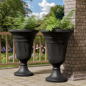 24" Black Tall Plastic Urn Planter with Pedestal, Outdoor 24" Black Tall Plastic Urn Planter with Pedestal, Outdoor