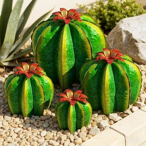 4-Pack Artificial Metal Barrel Cactus Yard Art with Flowers 4-Pack Artificial Metal Barrel Cactus Yard Art with Flowers